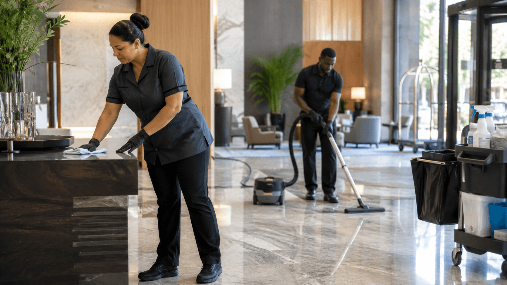 Professional cleaner working in a maintained facility