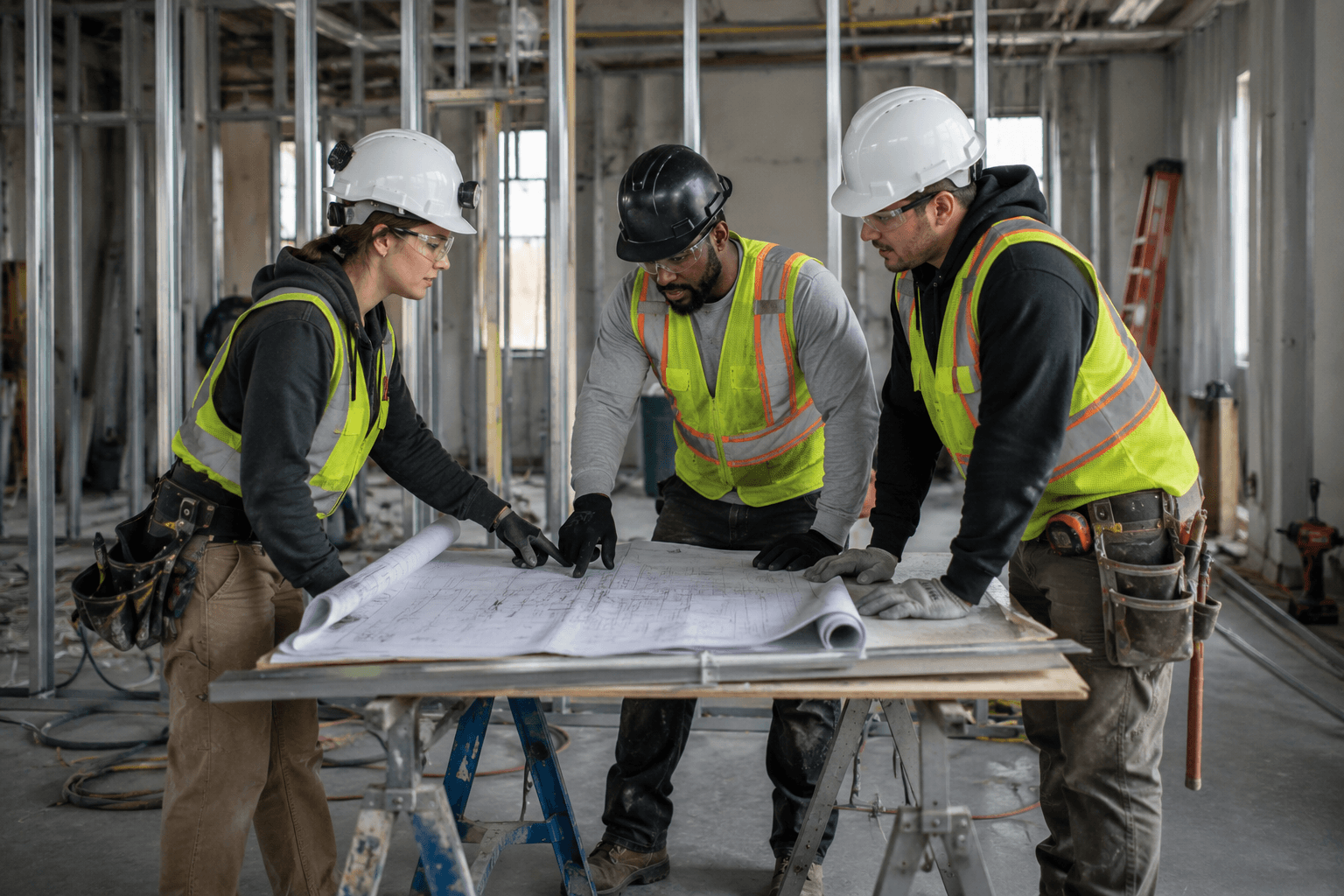 Construction workers following safe practices on a worksite