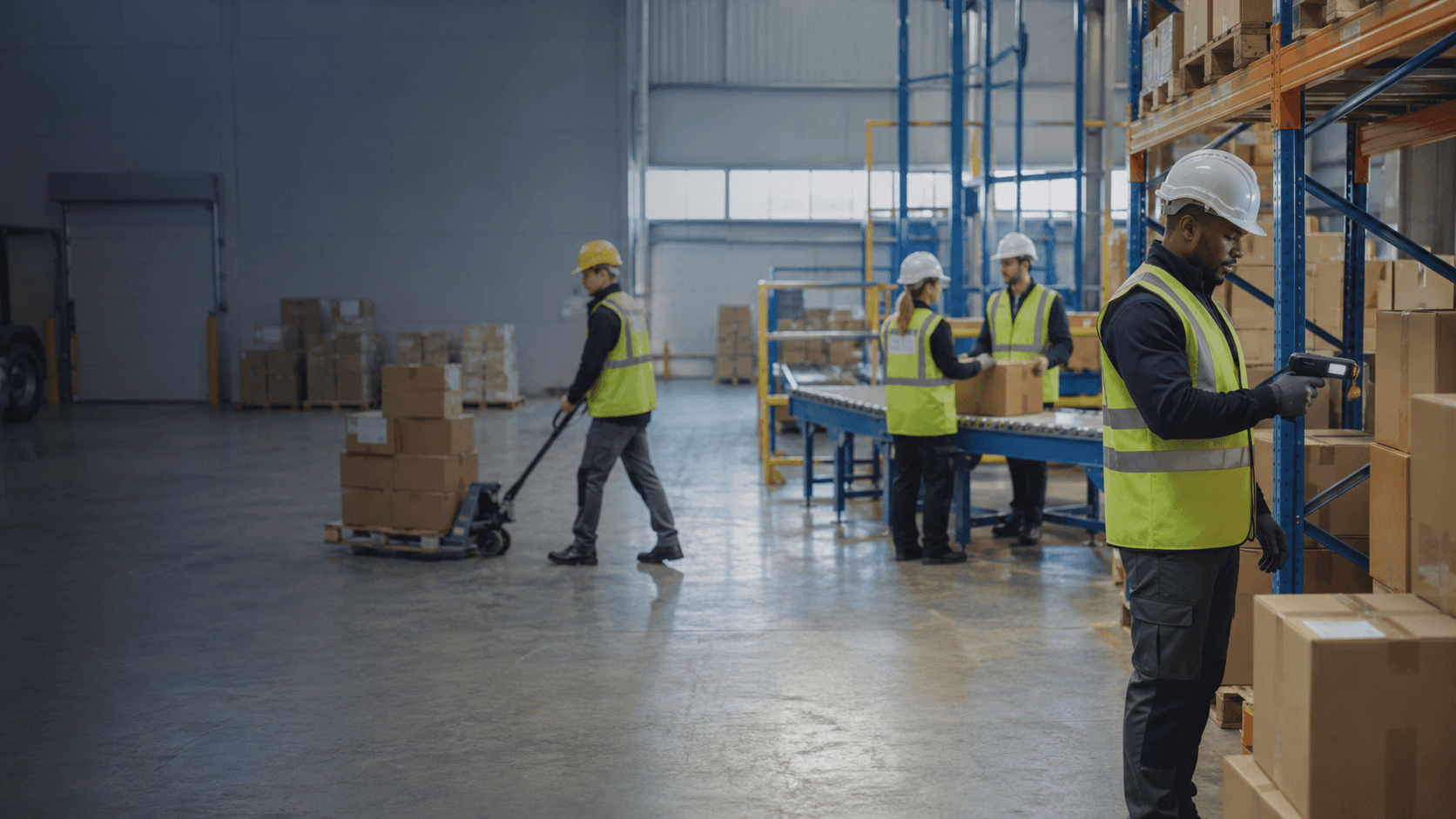 Workers collaborating in a modern operational workplace